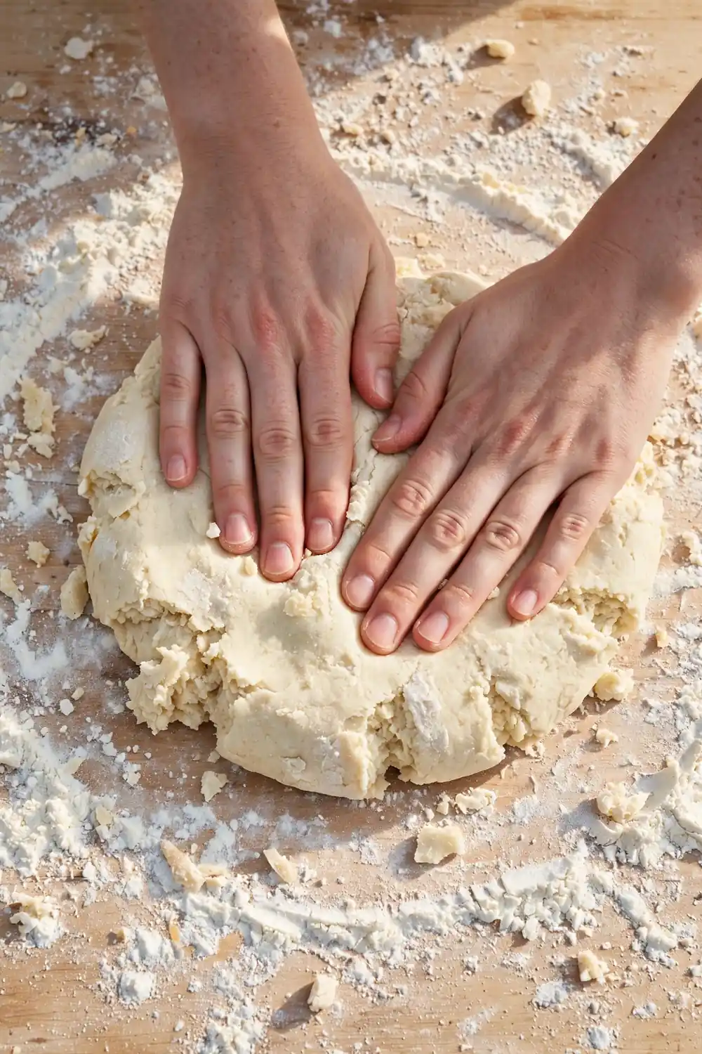 Hands patting thick biscuit dough to one inch on a counter