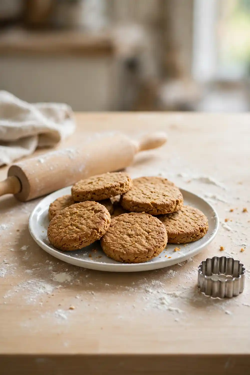 Flat dense biscuits beside baking tools on a counter