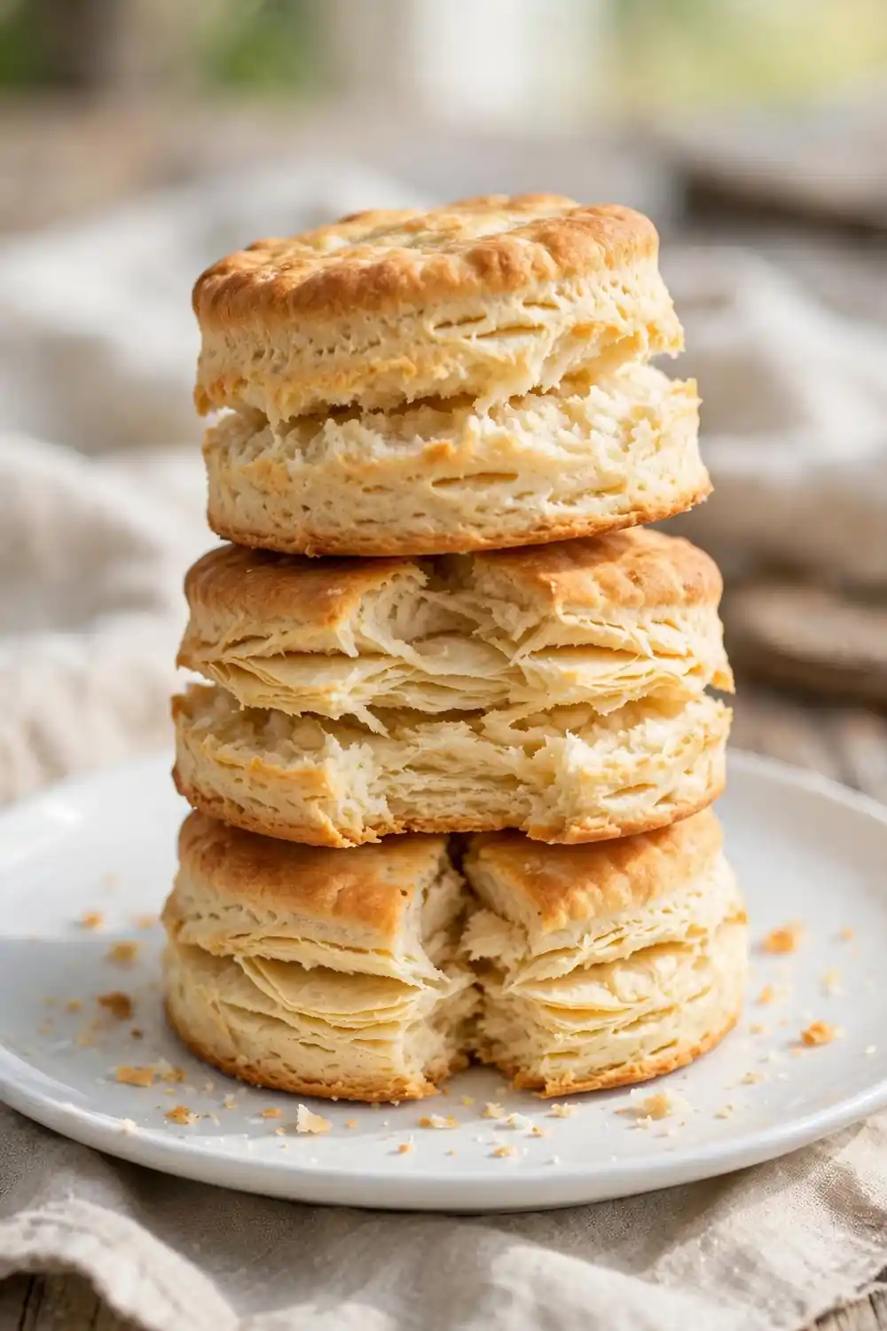 Tall fluffy biscuits split open showing soft layers on a plate
