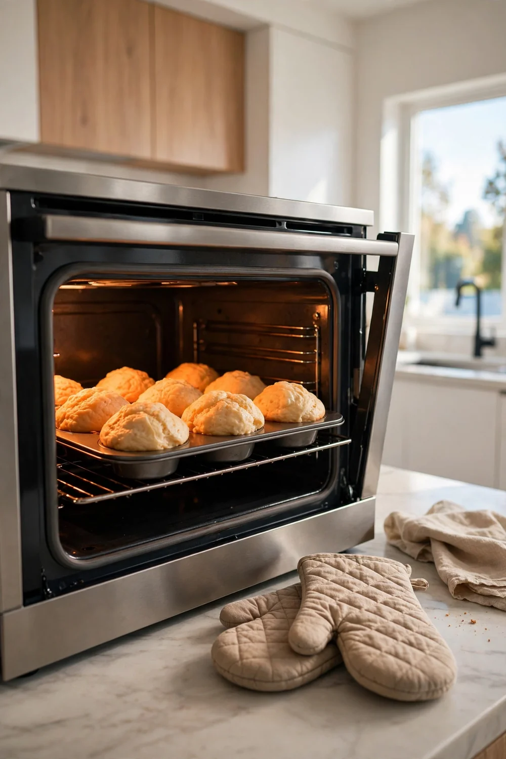 Oven door open with a tray of rising muffins inside