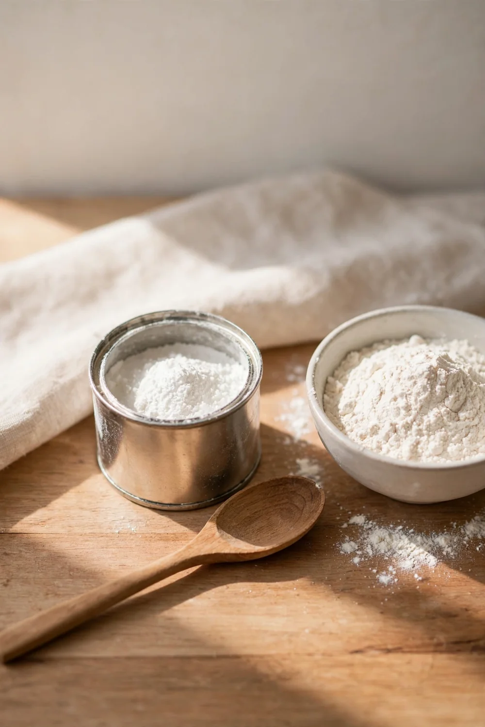 Open can of baking powder beside a spoon and flour