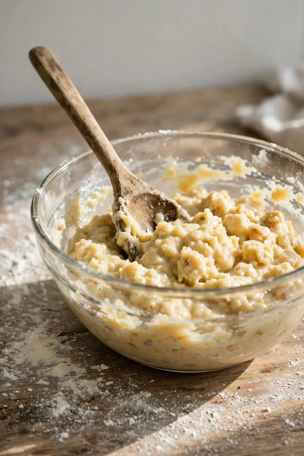 Bowl of lumpy muffin batter with a wooden spoon