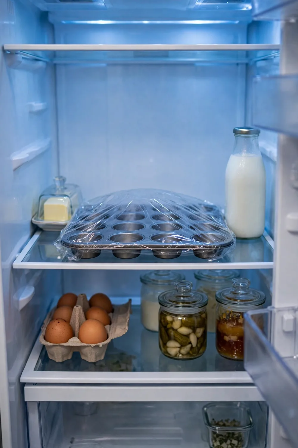 Muffin tray chilling inside an open fridge