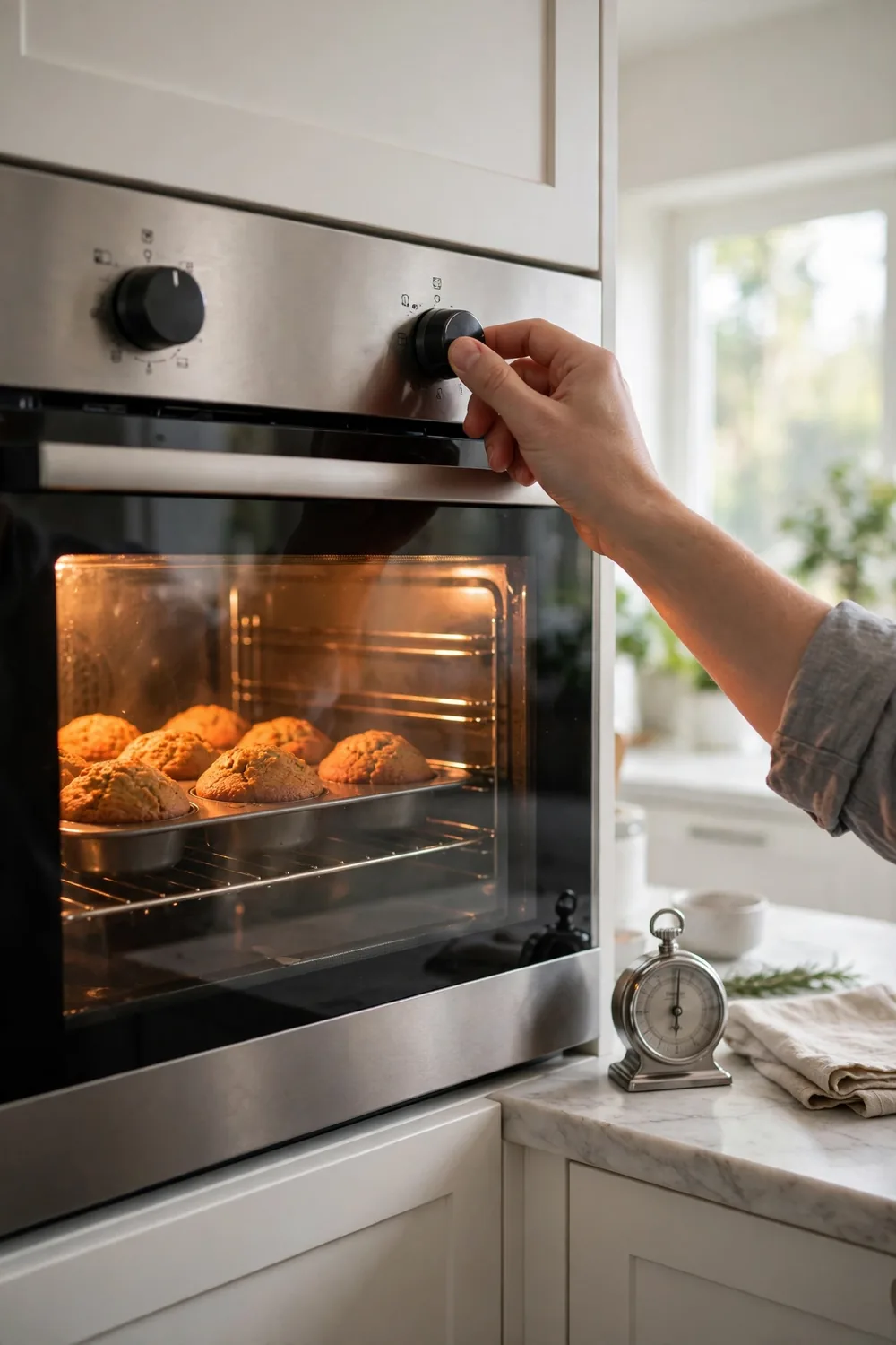 Hand turning an oven dial while muffins bake