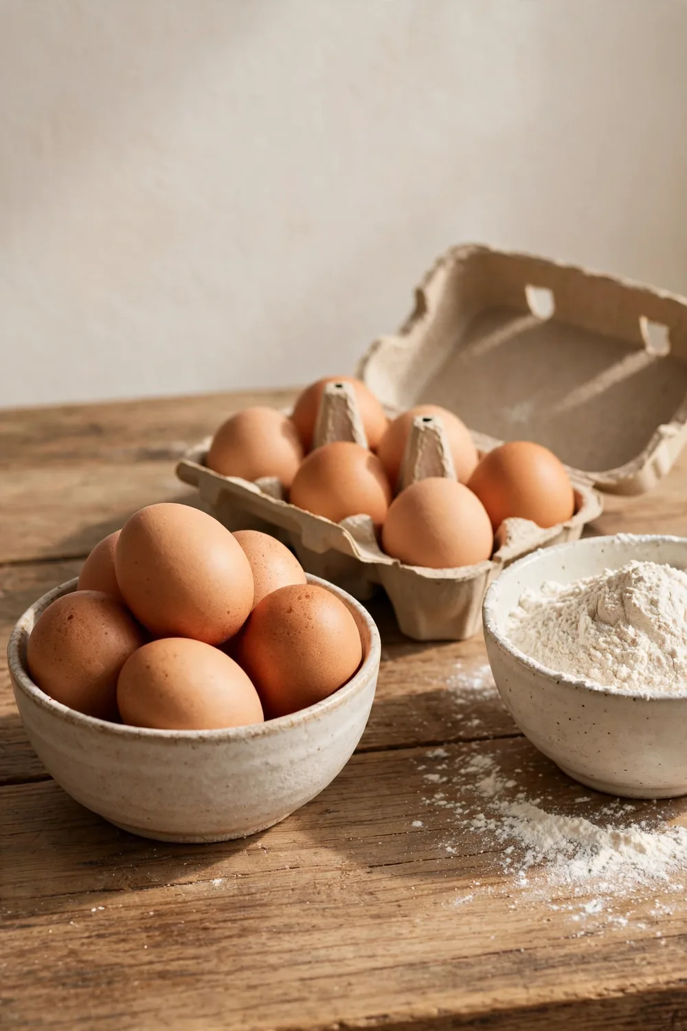 Brown eggs in a small ceramic bowl on a table