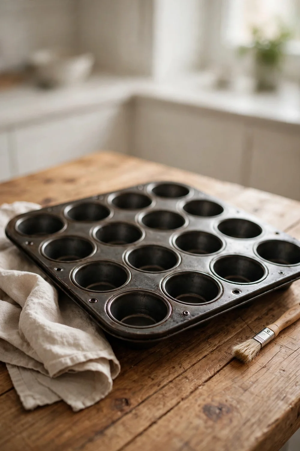 Sturdy dark metal muffin pan on a wooden table