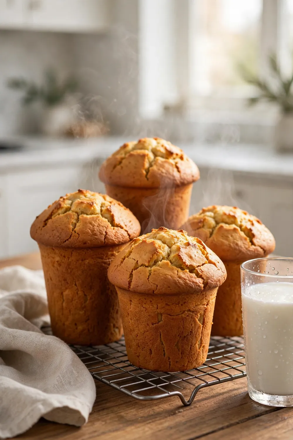 Tall golden domed muffins on a wire rack