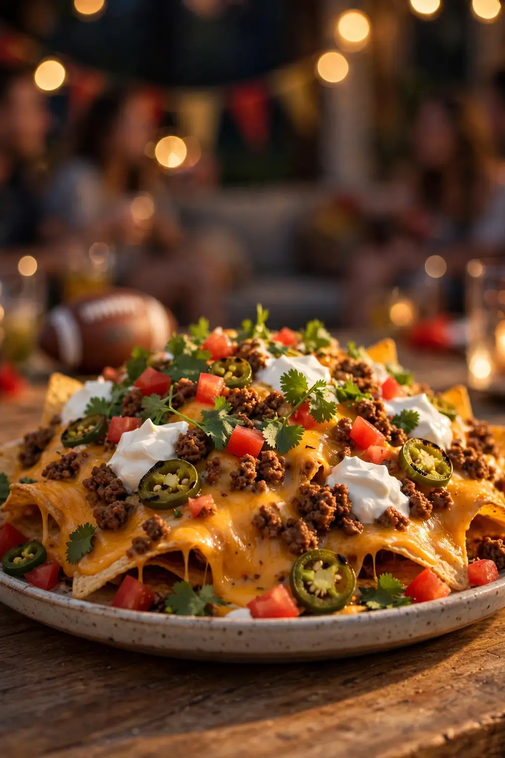 Loaded nachos on a platter for game day