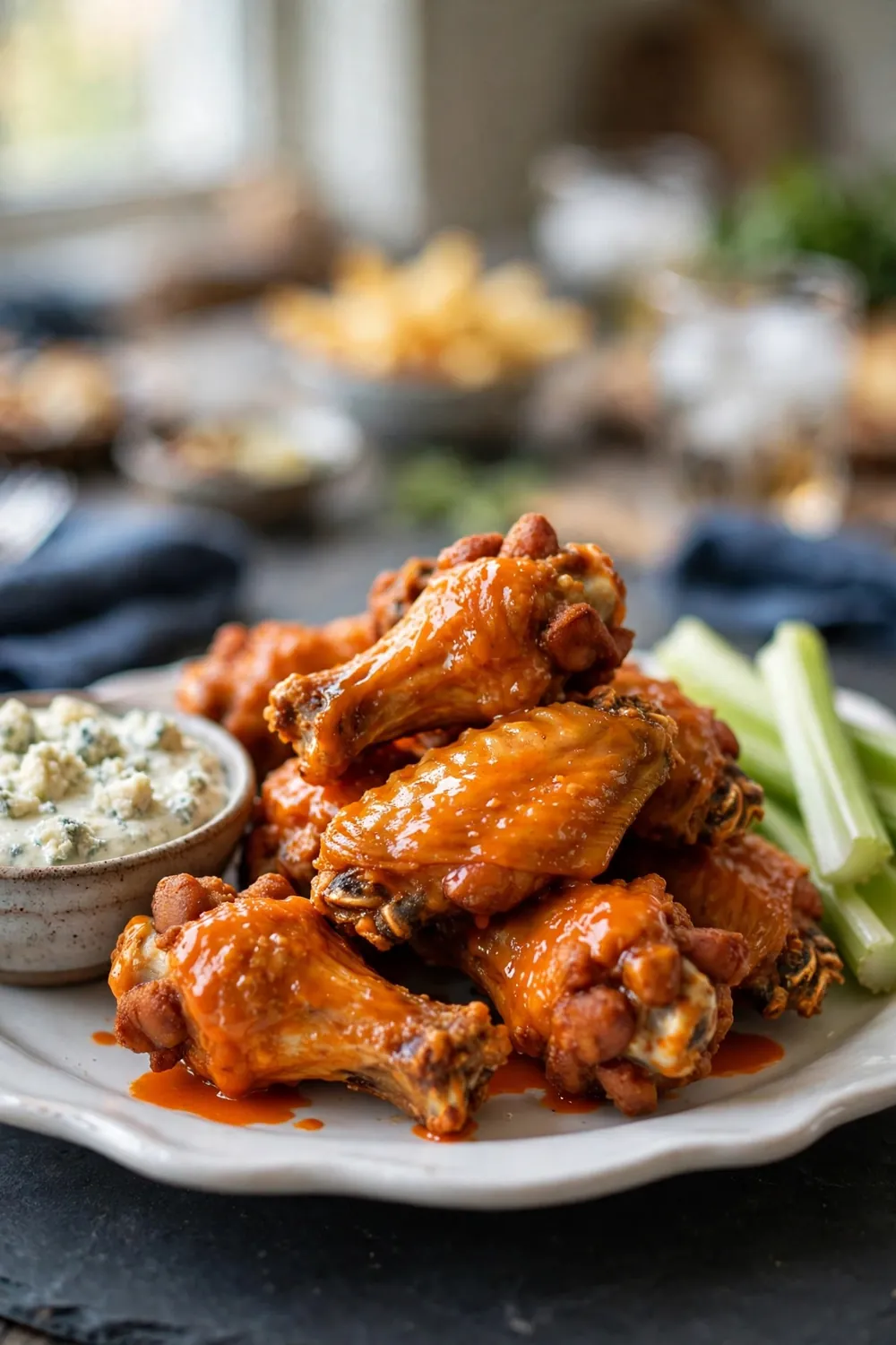 Crispy buffalo wings with celery and dip
