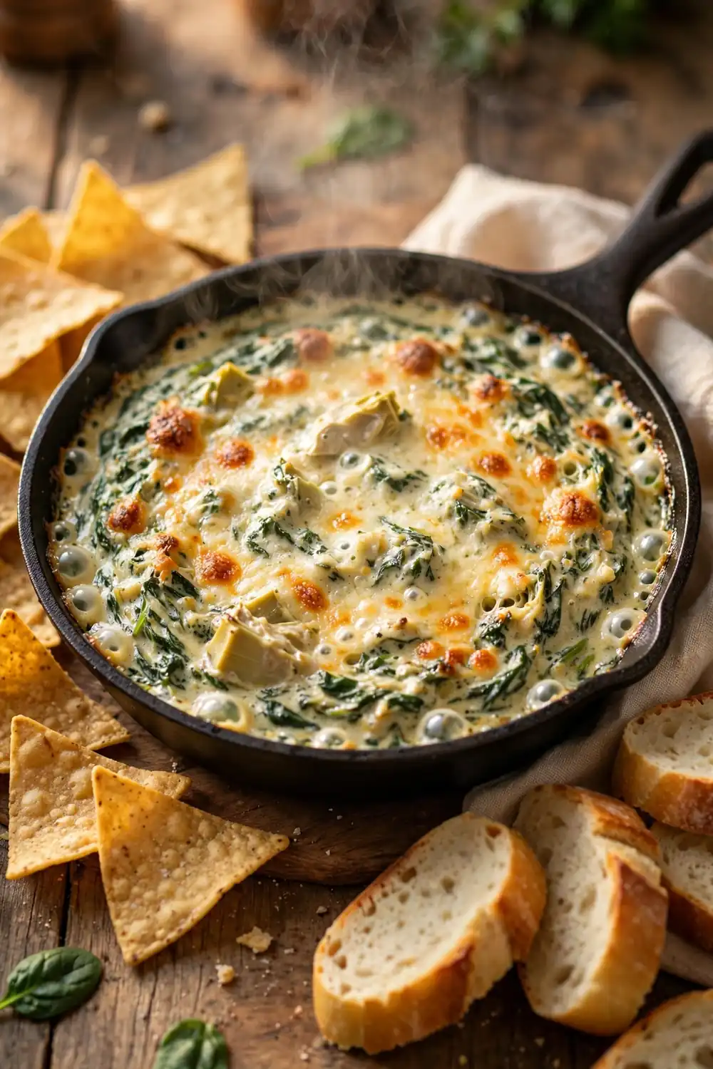 Spinach artichoke dip in a cast iron skillet