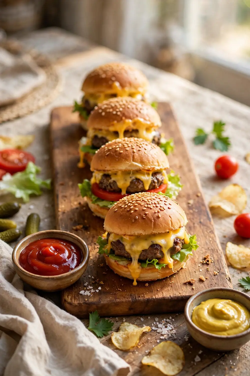 Mini slider burgers on a serving board