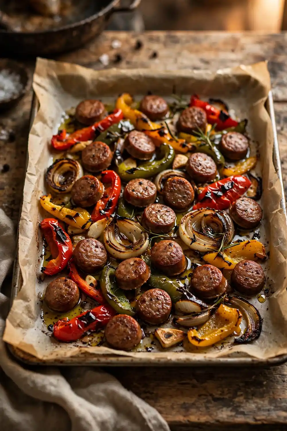 Sheet pan sausage and peppers on a tray
