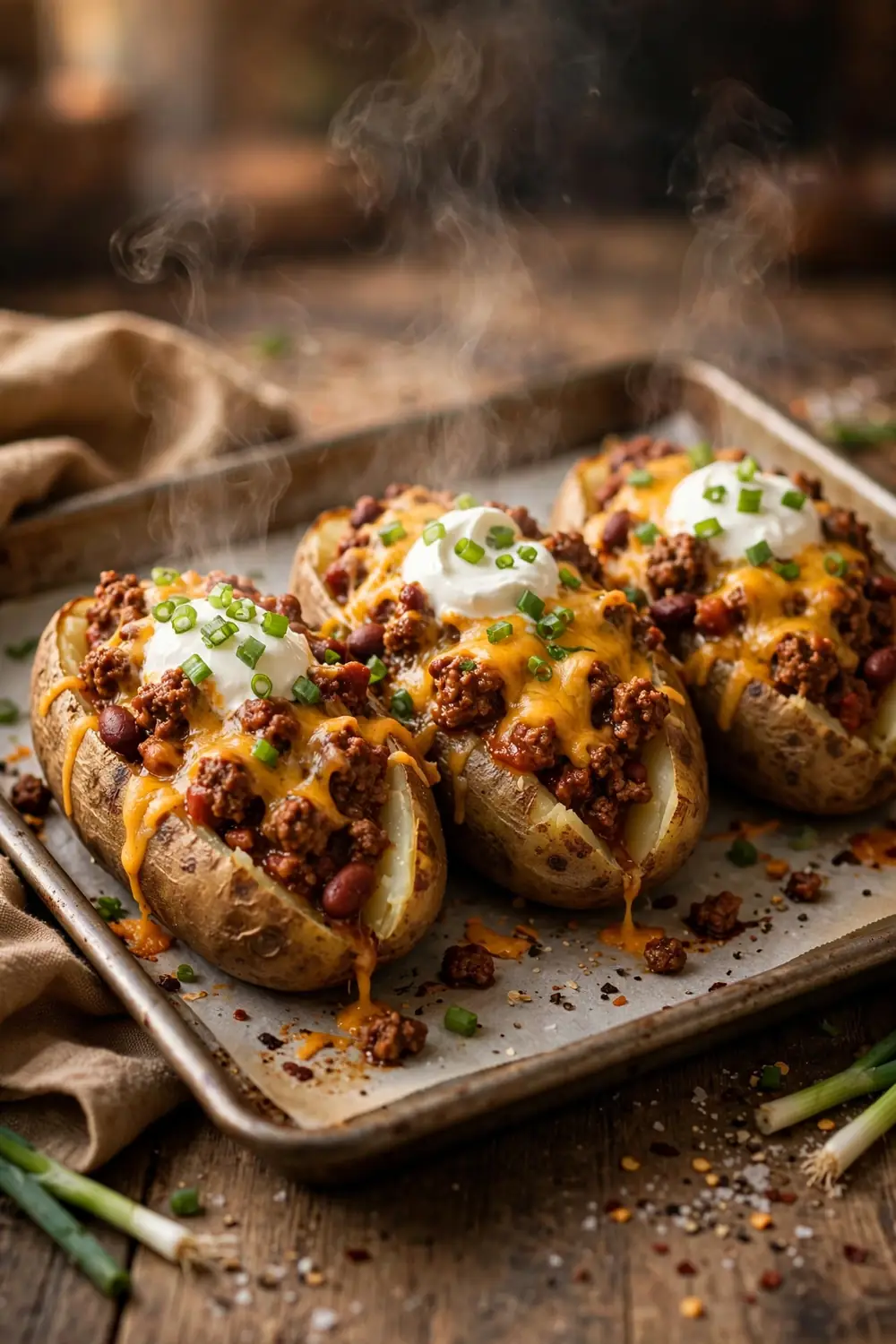 Chili cheese baked potatoes with toppings