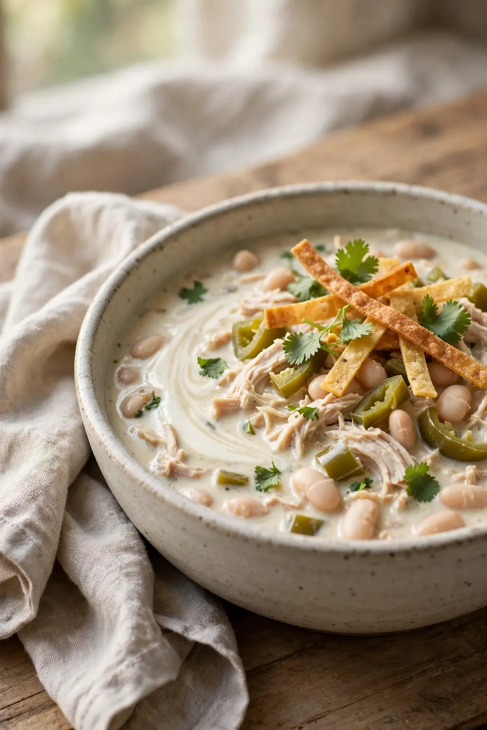 Creamy white chicken chili in a bowl