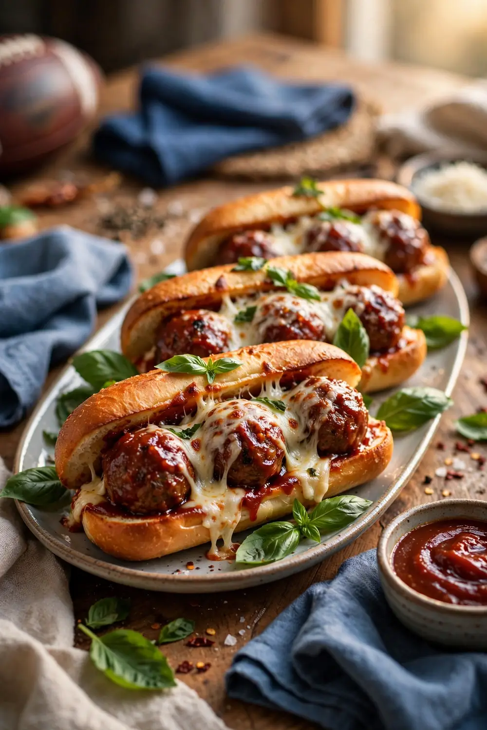 BBQ meatball subs on a long platter