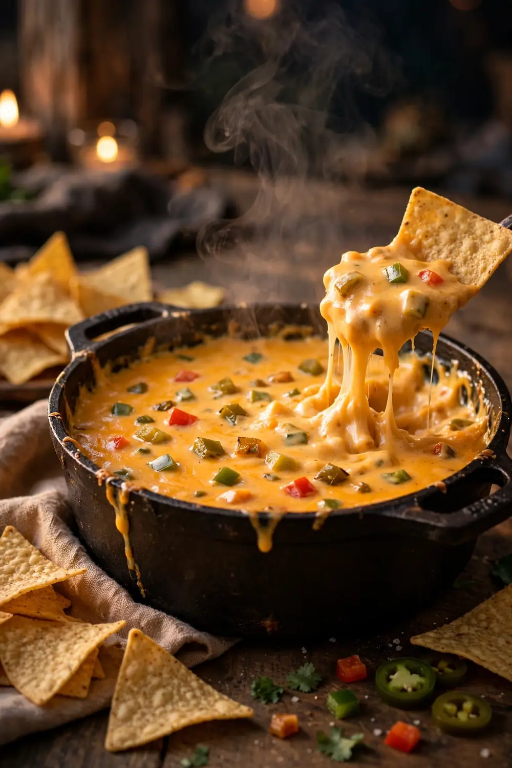 Smoky queso cheese dip with tortilla chips