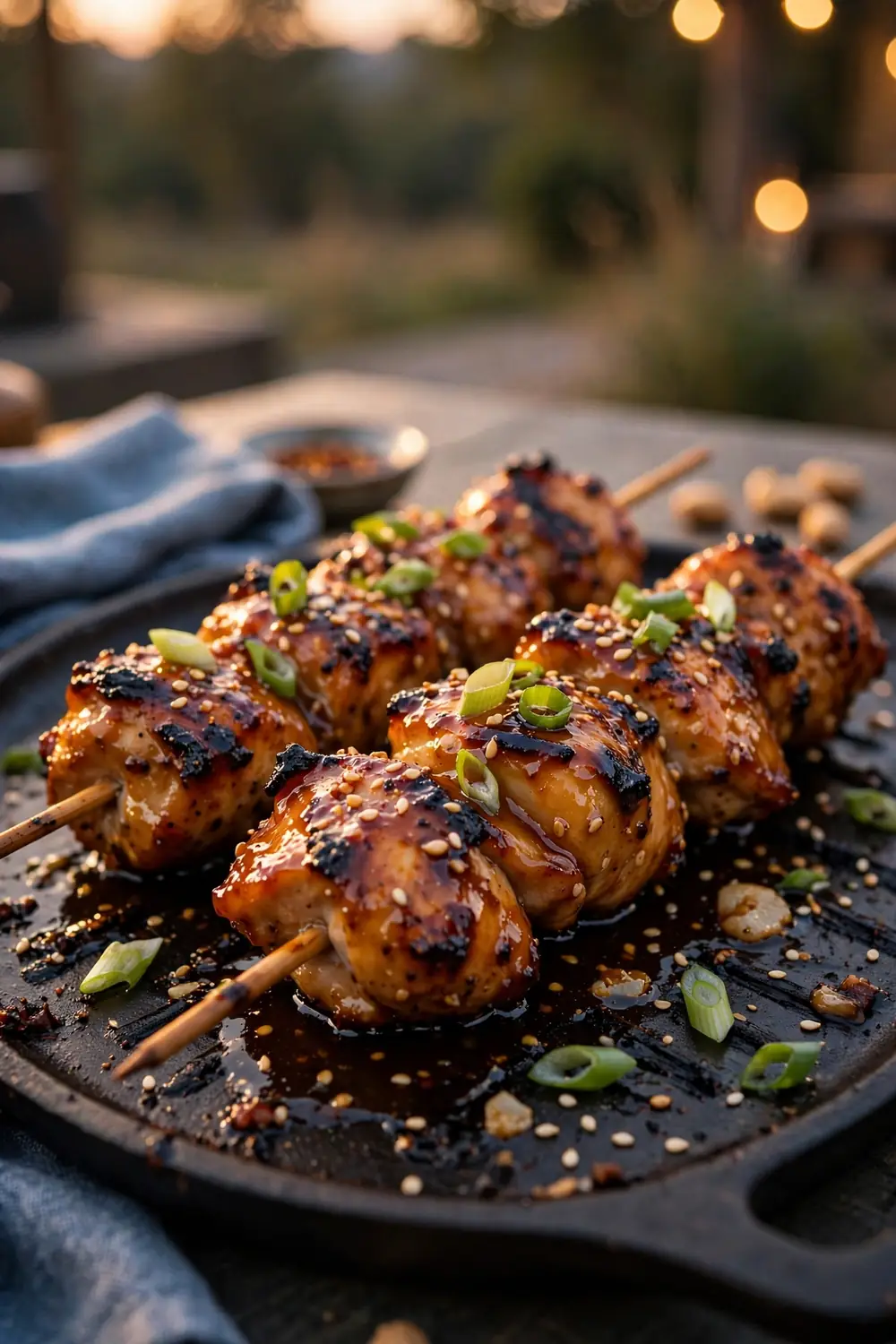 Honey garlic chicken skewers on a plate