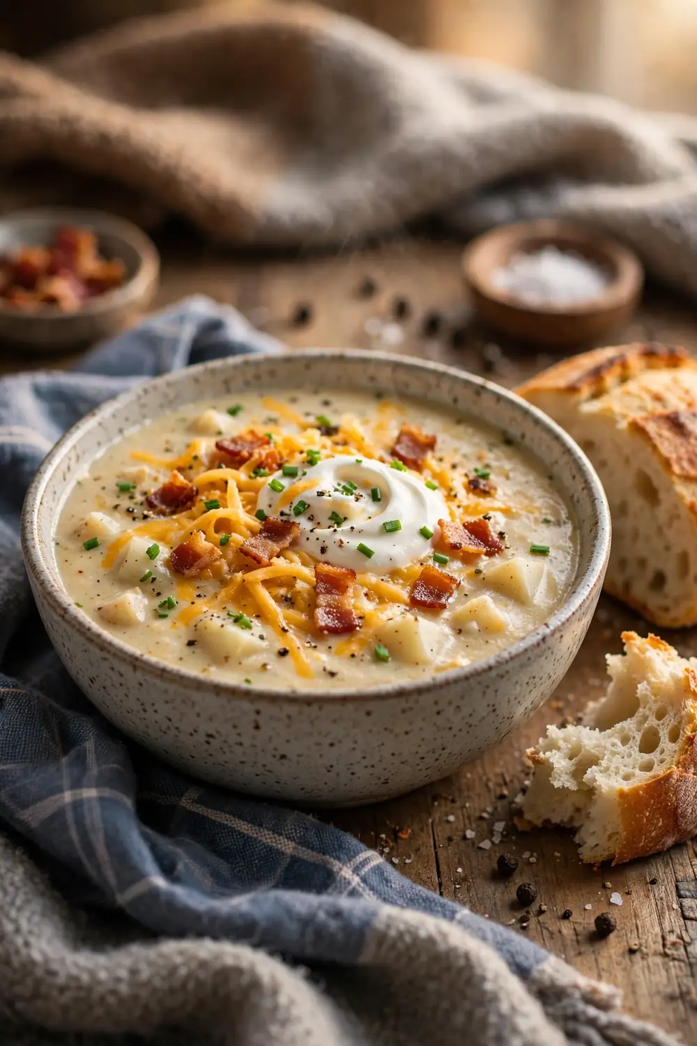 Loaded baked potato soup in a rustic bowl