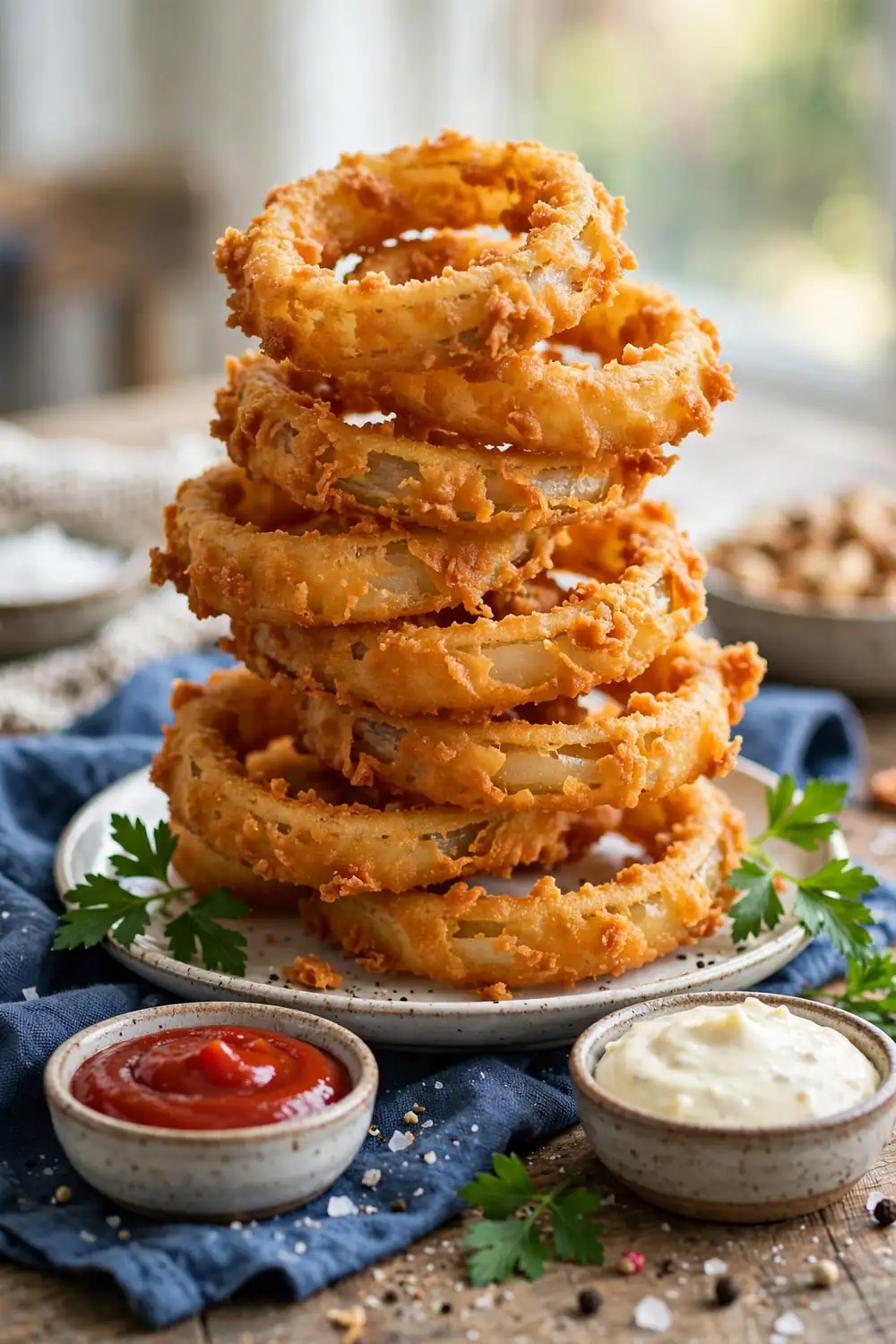 Crispy onion ring stack with dips