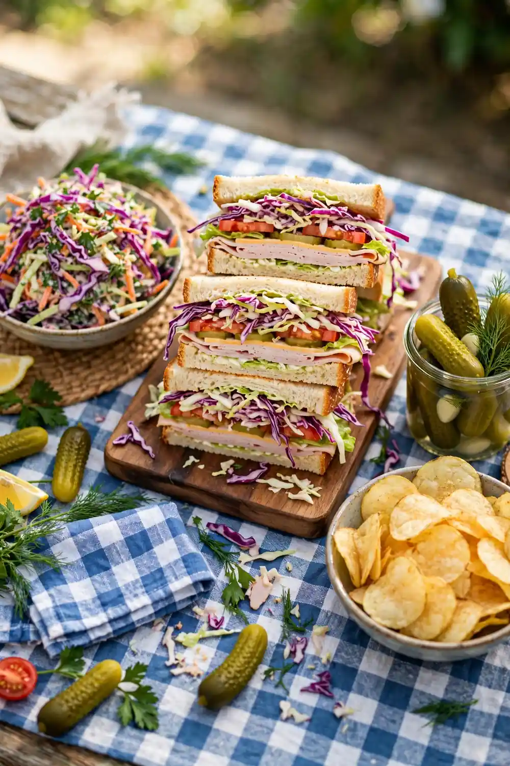 Coleslaw sandwich board with deli sandwiches