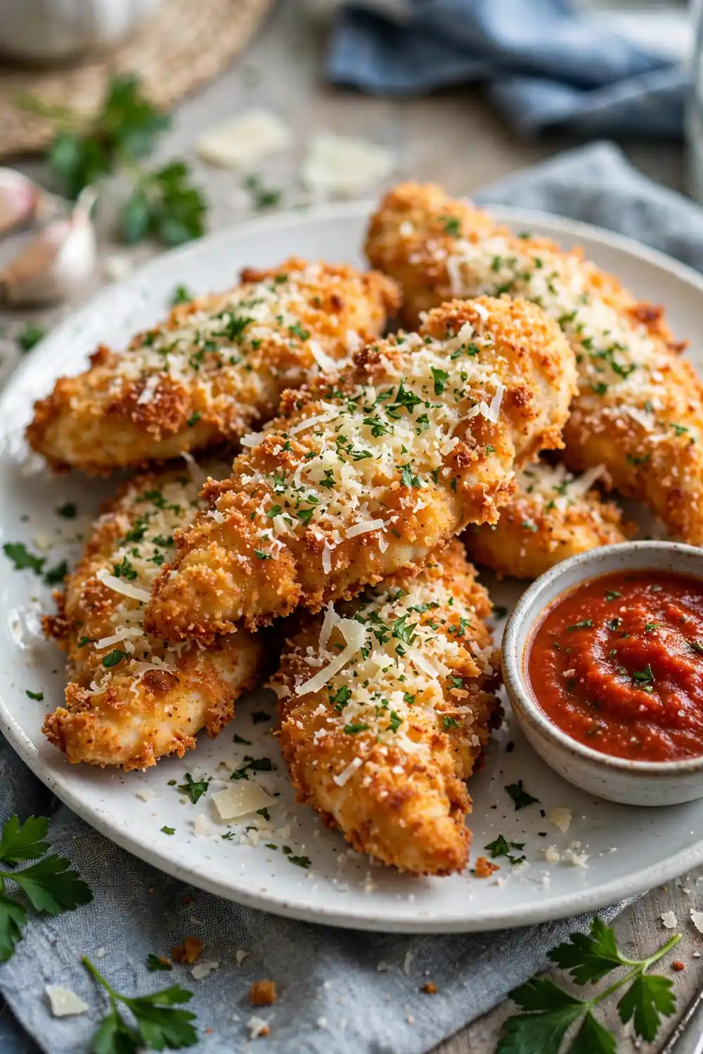 Garlic parmesan chicken tenders with marinara