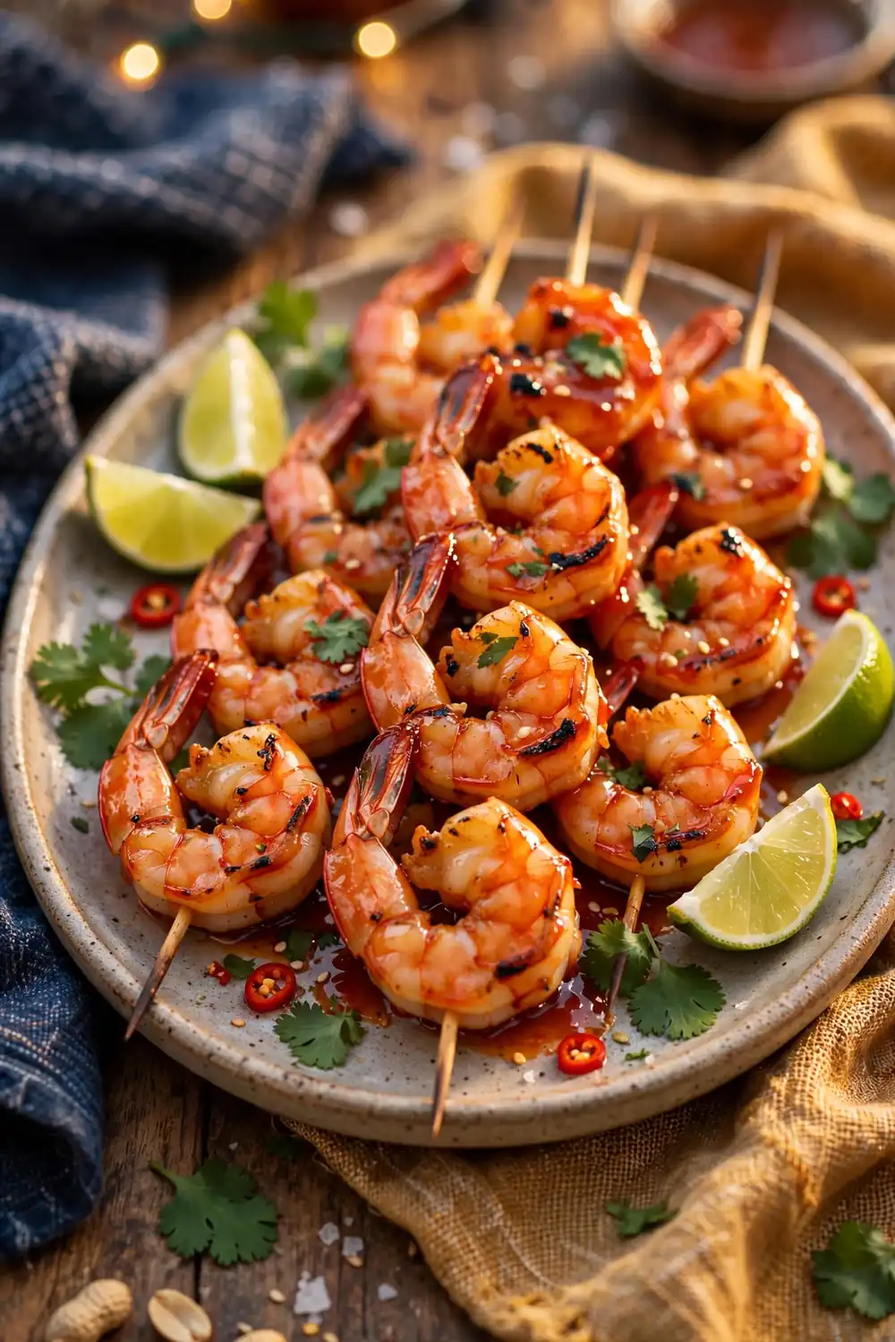 Sweet chili shrimp skewers on a platter