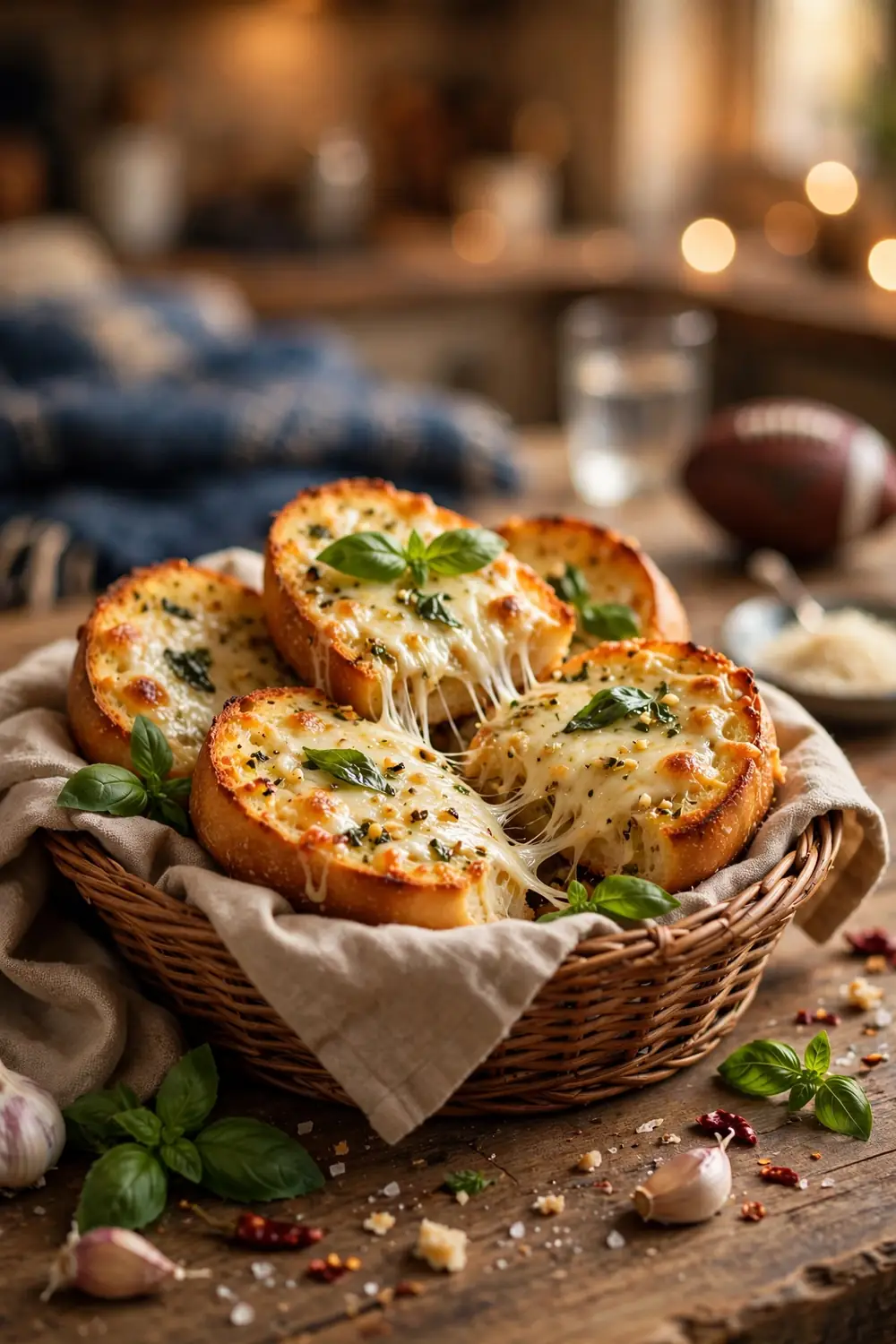 Cheesy garlic bread in a basket