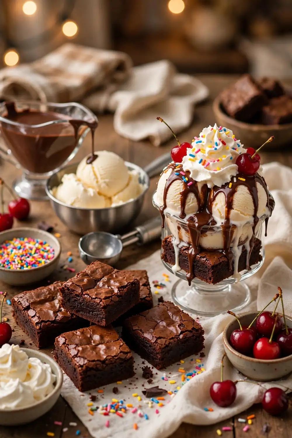 Brownie sundae dessert bar with toppings