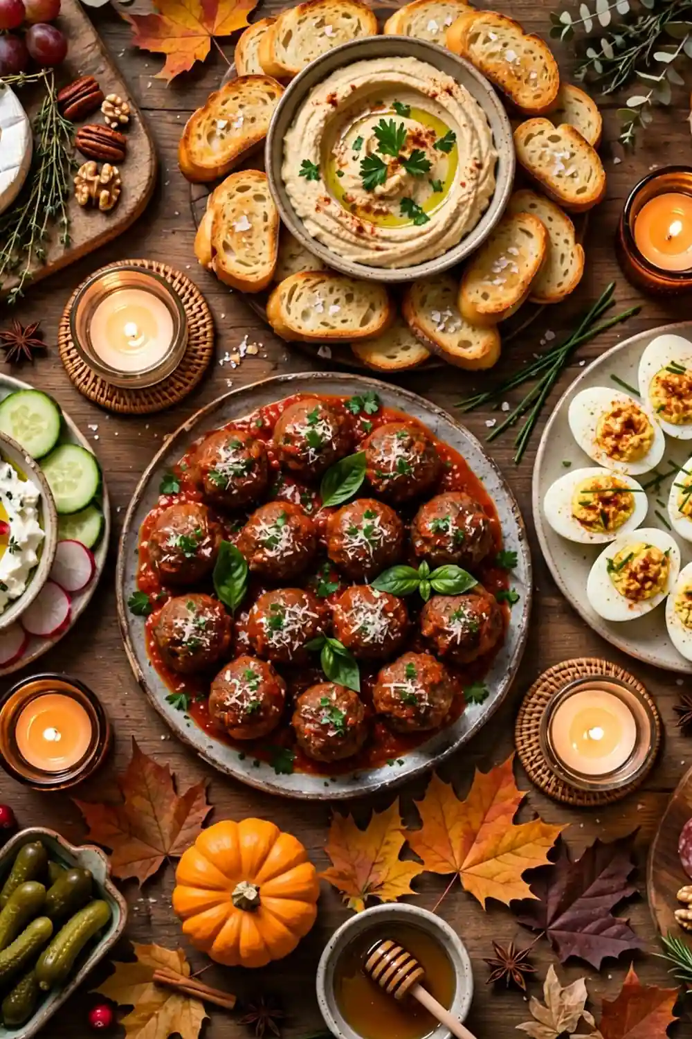 Friendsgiving appetizer table spread with dips and bites