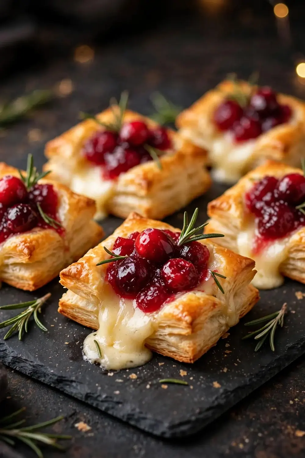 Cranberry brie bites with rosemary on slate board