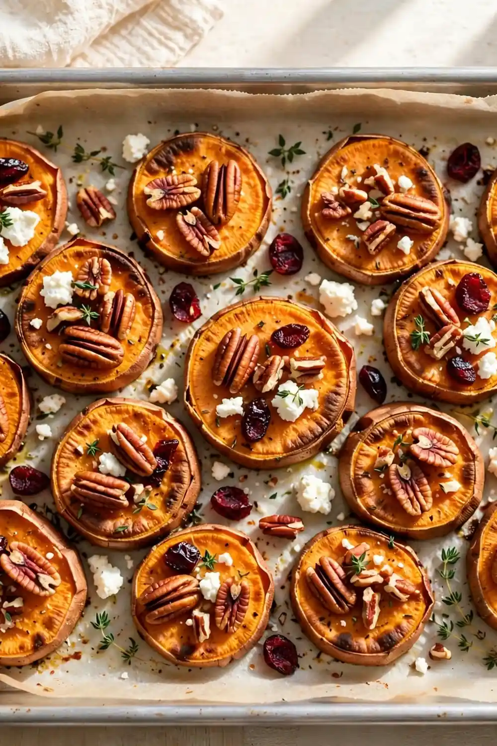 Sweet potato rounds with pecans and cranberries