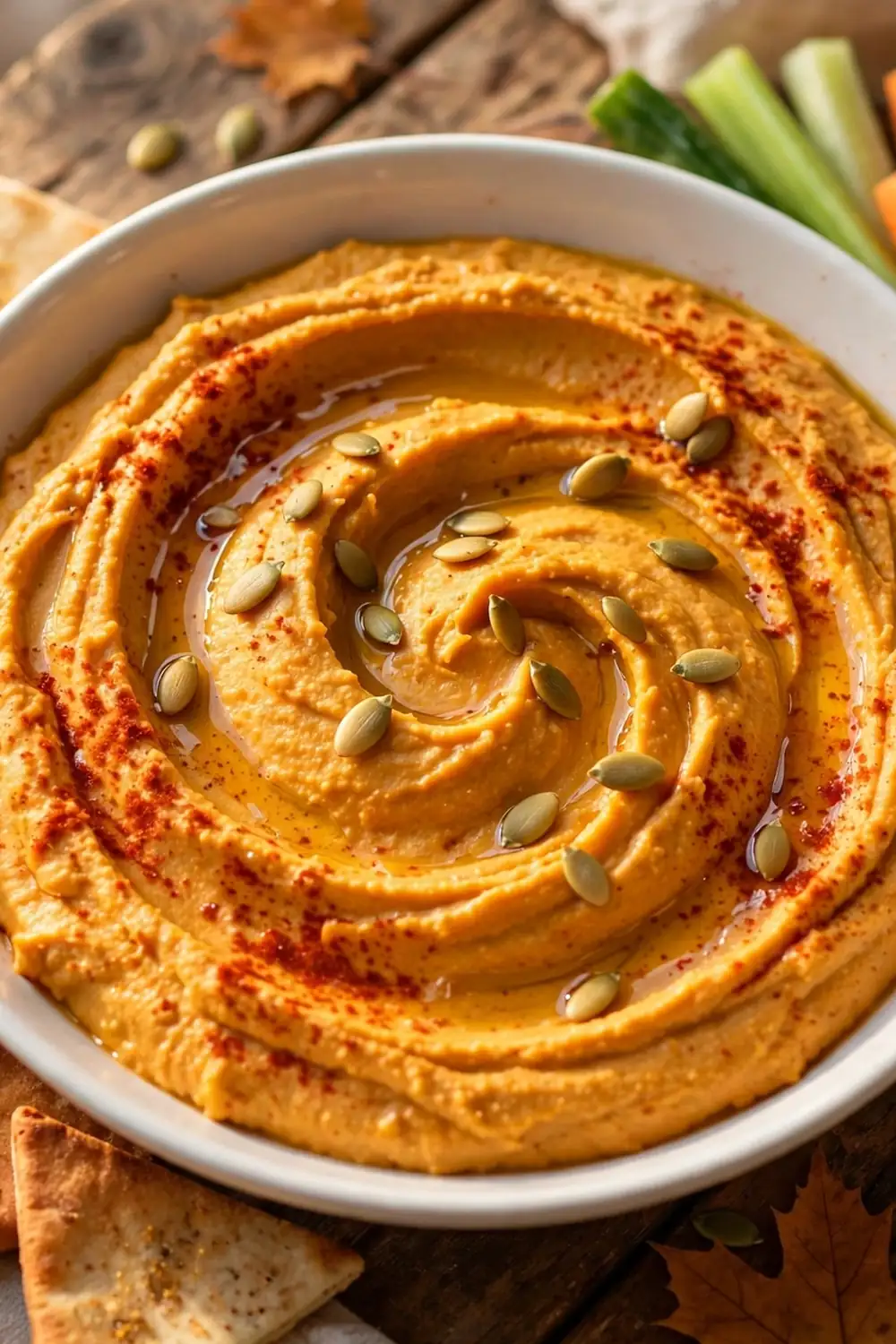 Pumpkin hummus with pita chips and vegetables