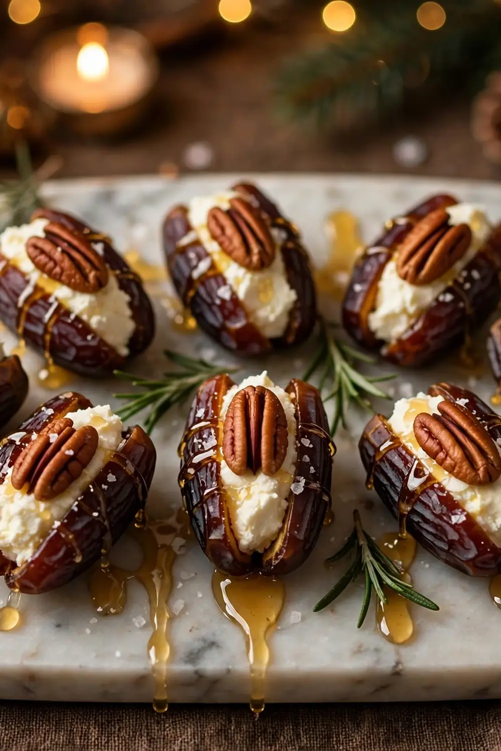 Pecan stuffed dates with goat cheese and honey
