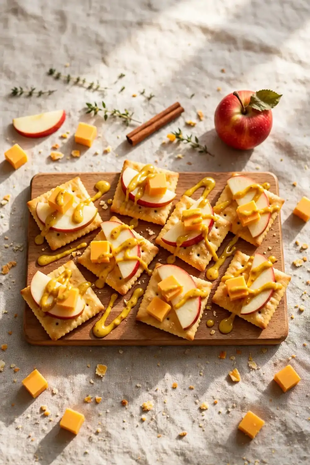 Apple cheddar bites on crackers with honey mustard