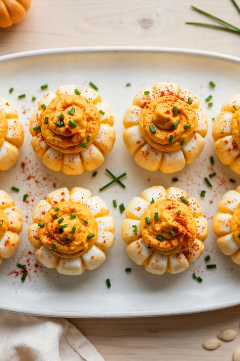Pumpkin deviled eggs with paprika and chives