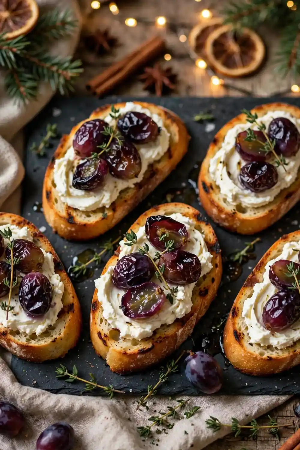 Roasted grape crostini with goat cheese and thyme