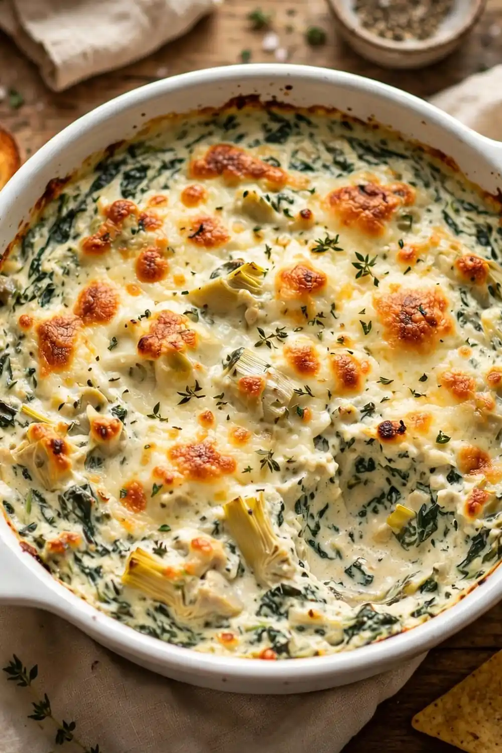 Creamy spinach artichoke dip with golden top
