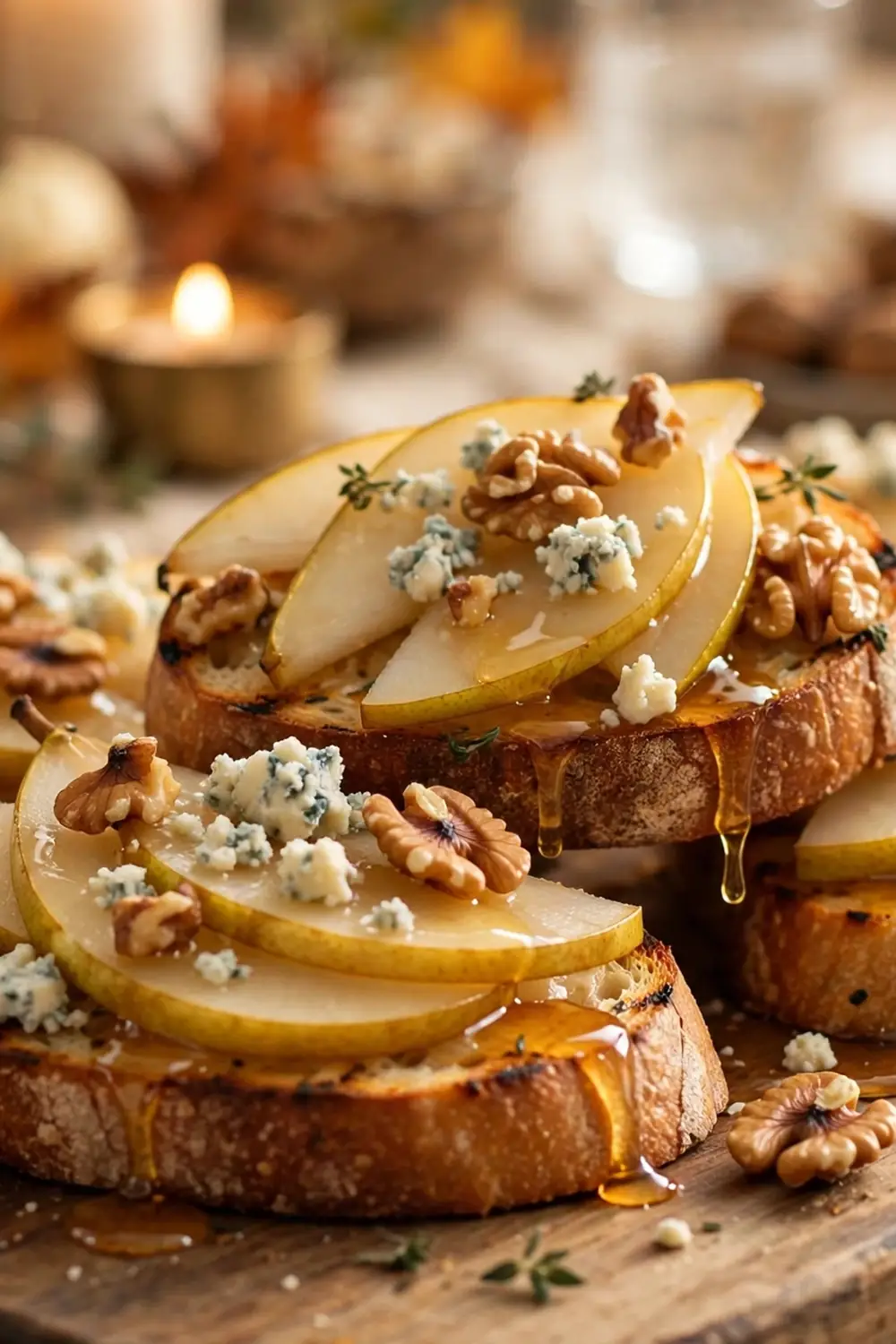 Pear walnut crostini with blue cheese and honey