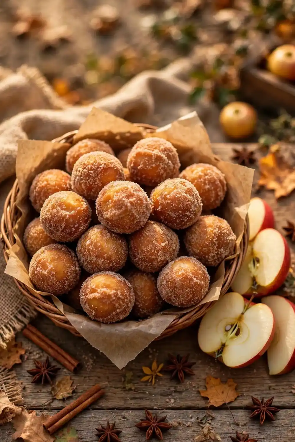 Apple cider donut holes with cinnamon sugar