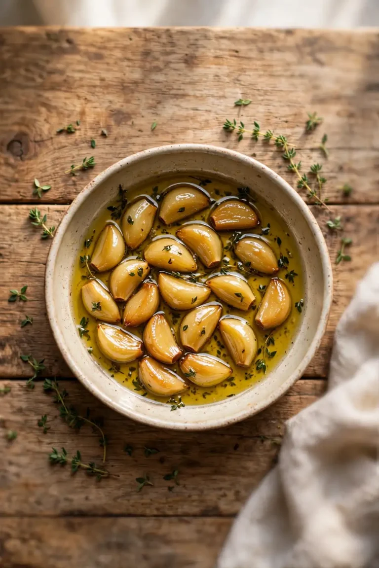 Slow cooked garlic cloves in golden herbed oil in a ceramic pan