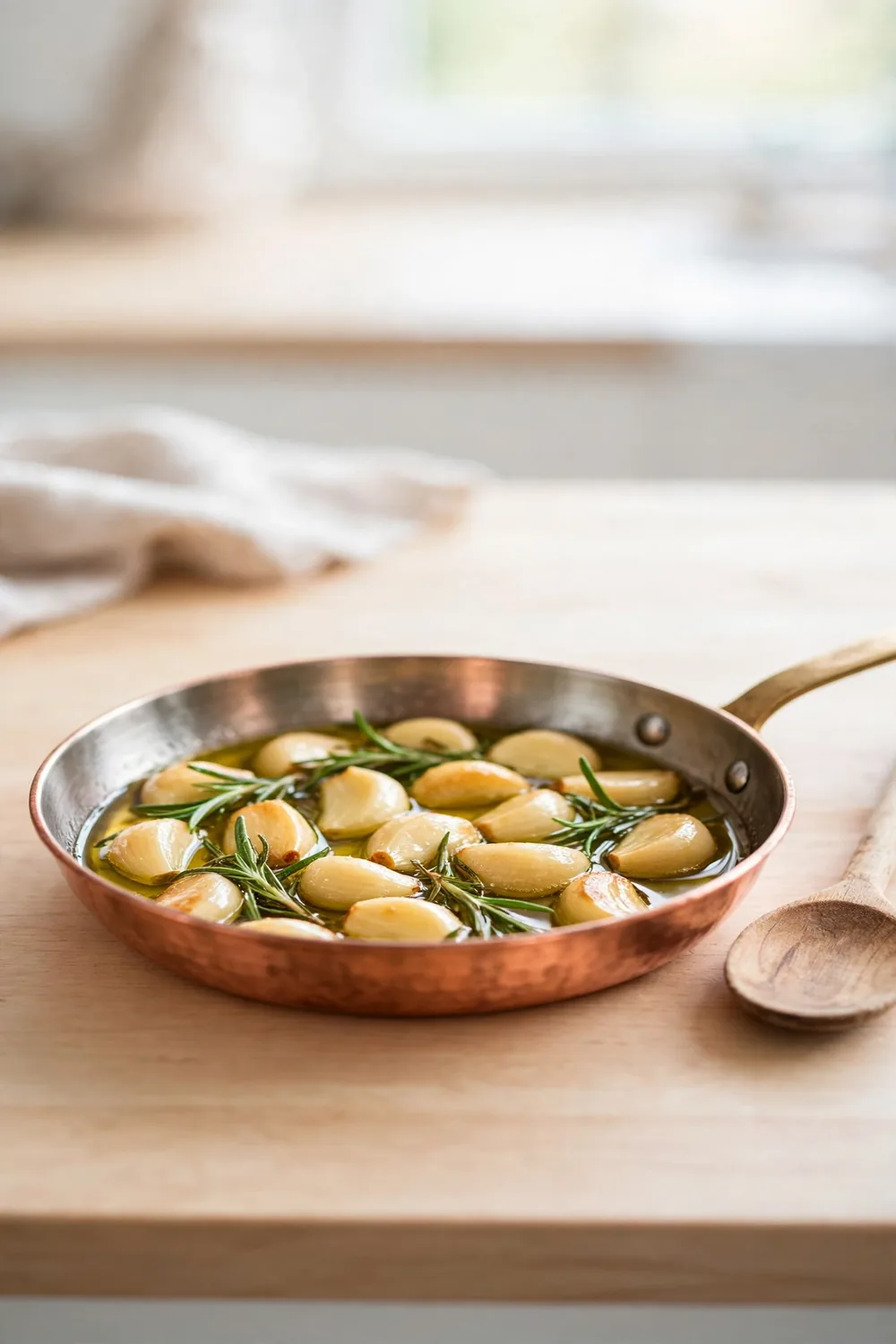 Rosemary garlic cloves in olive oil in a copper pan