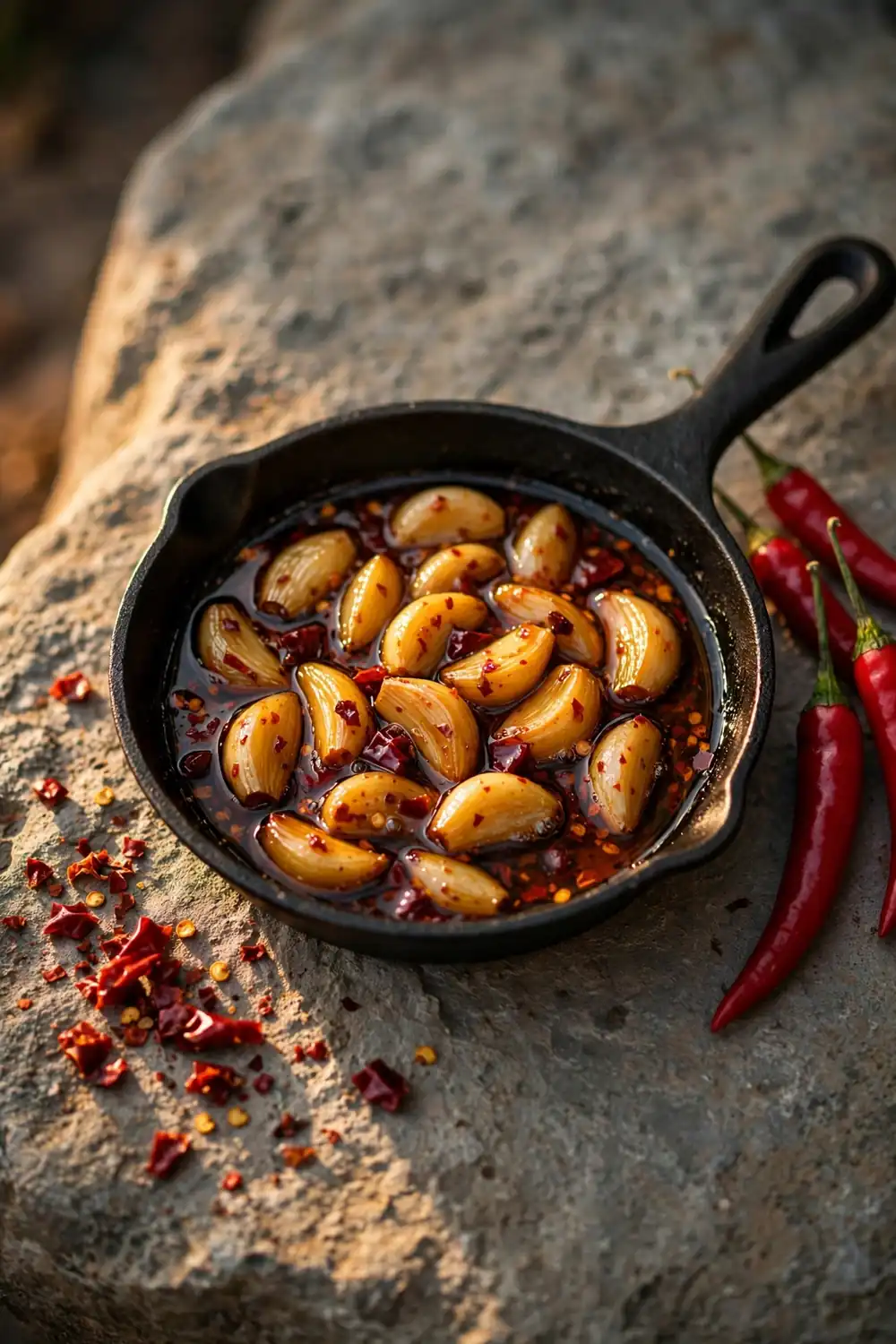 Chili garlic cloves in red chili oil in a black skillet