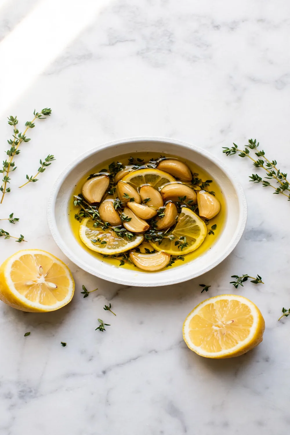 Lemon thyme garlic cloves in oil in a white ceramic pan
