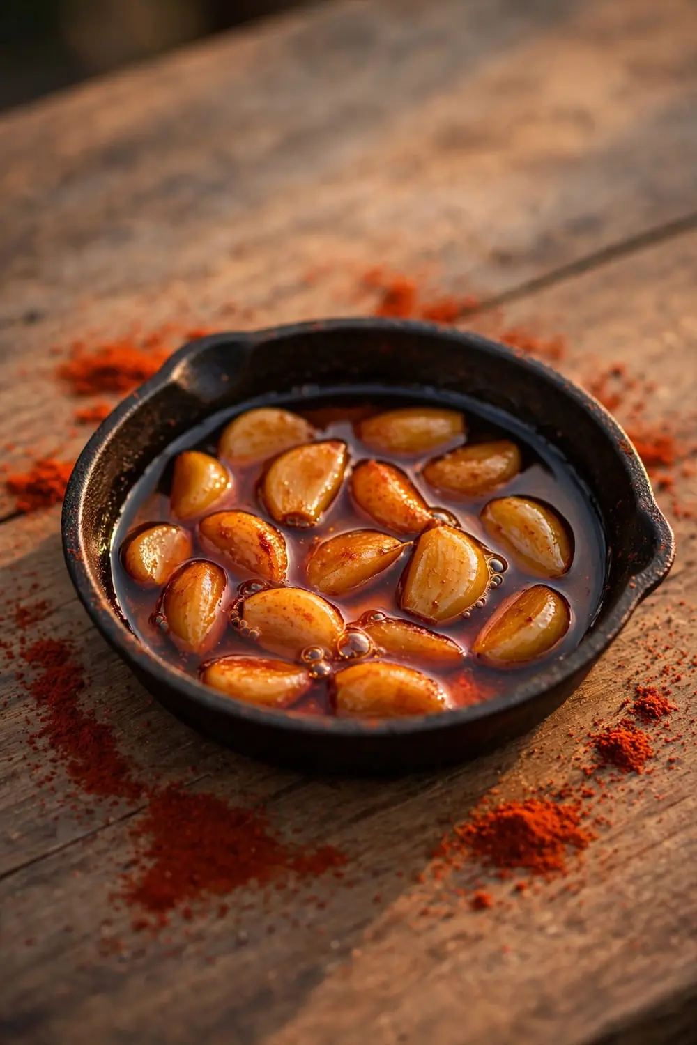 Smoky paprika garlic cloves in tinted oil in a cast iron pan