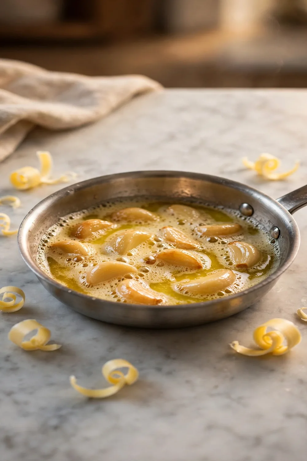 Butter rich garlic cloves melting in foaming butter in a steel pan