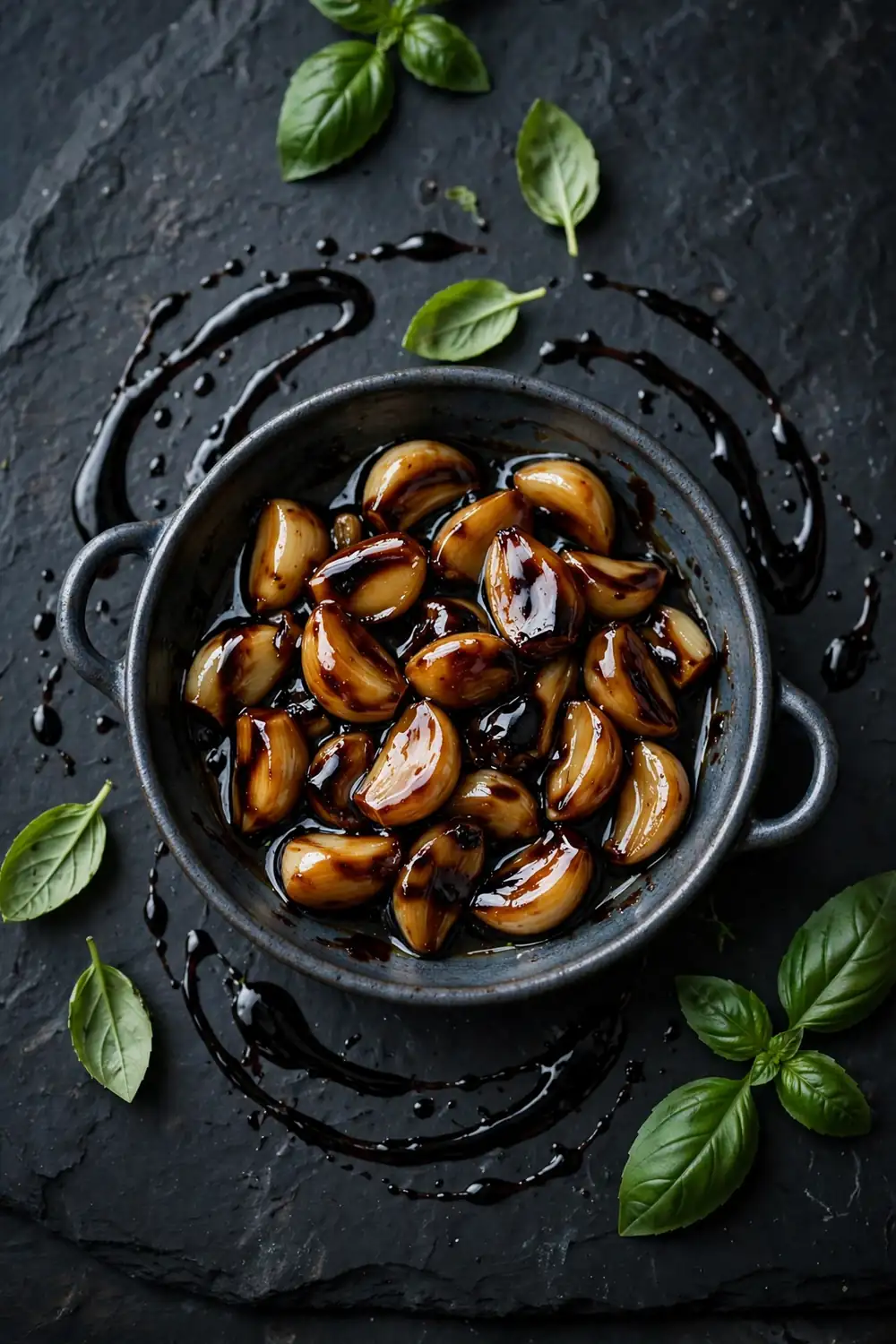 Balsamic glazed garlic cloves in a dark ceramic pan with basil