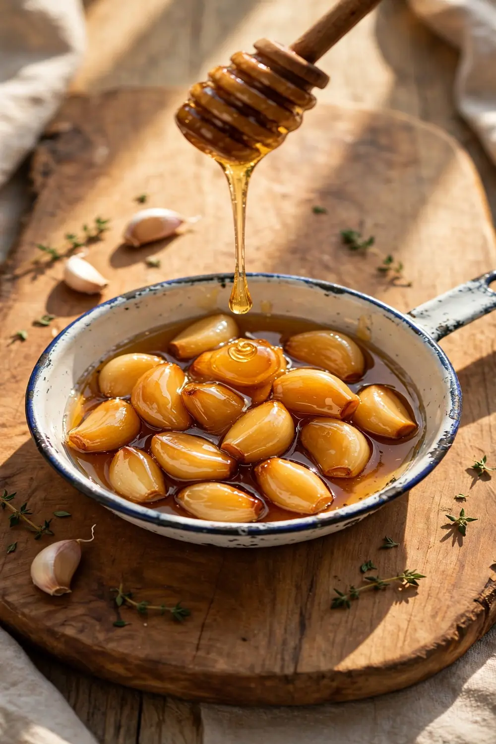 Honey coated garlic cloves in an enamel pan with honey dipper