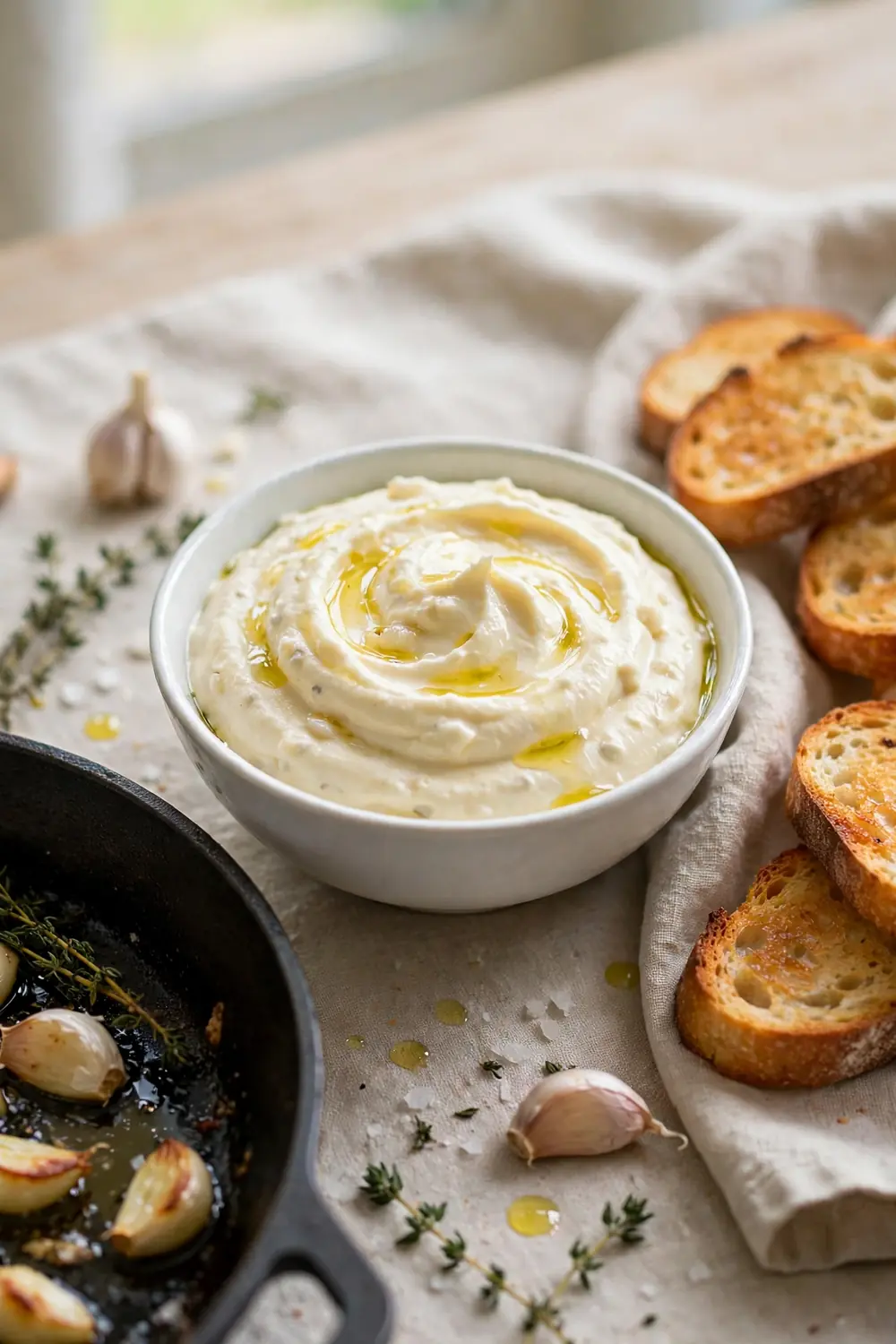 Whipped garlic spread swirled in a white bowl with oil drizzle