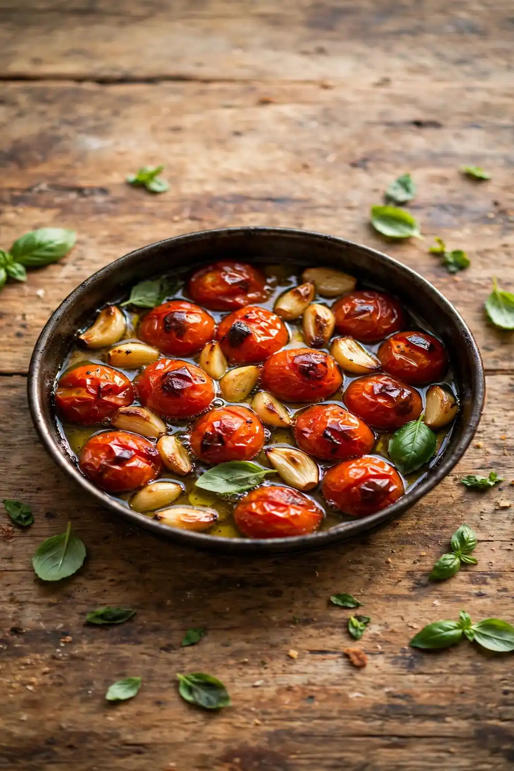Roasted tomatoes and garlic cloves in oil in a baking pan