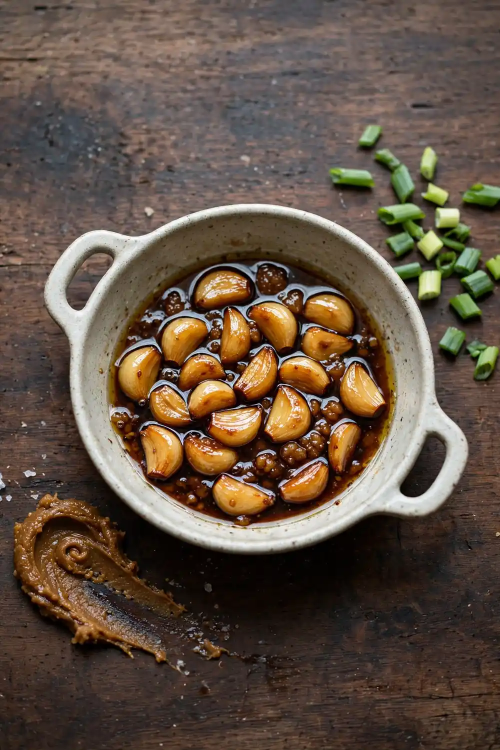 Miso garlic cloves in savory oil in a ceramic pan with scallions